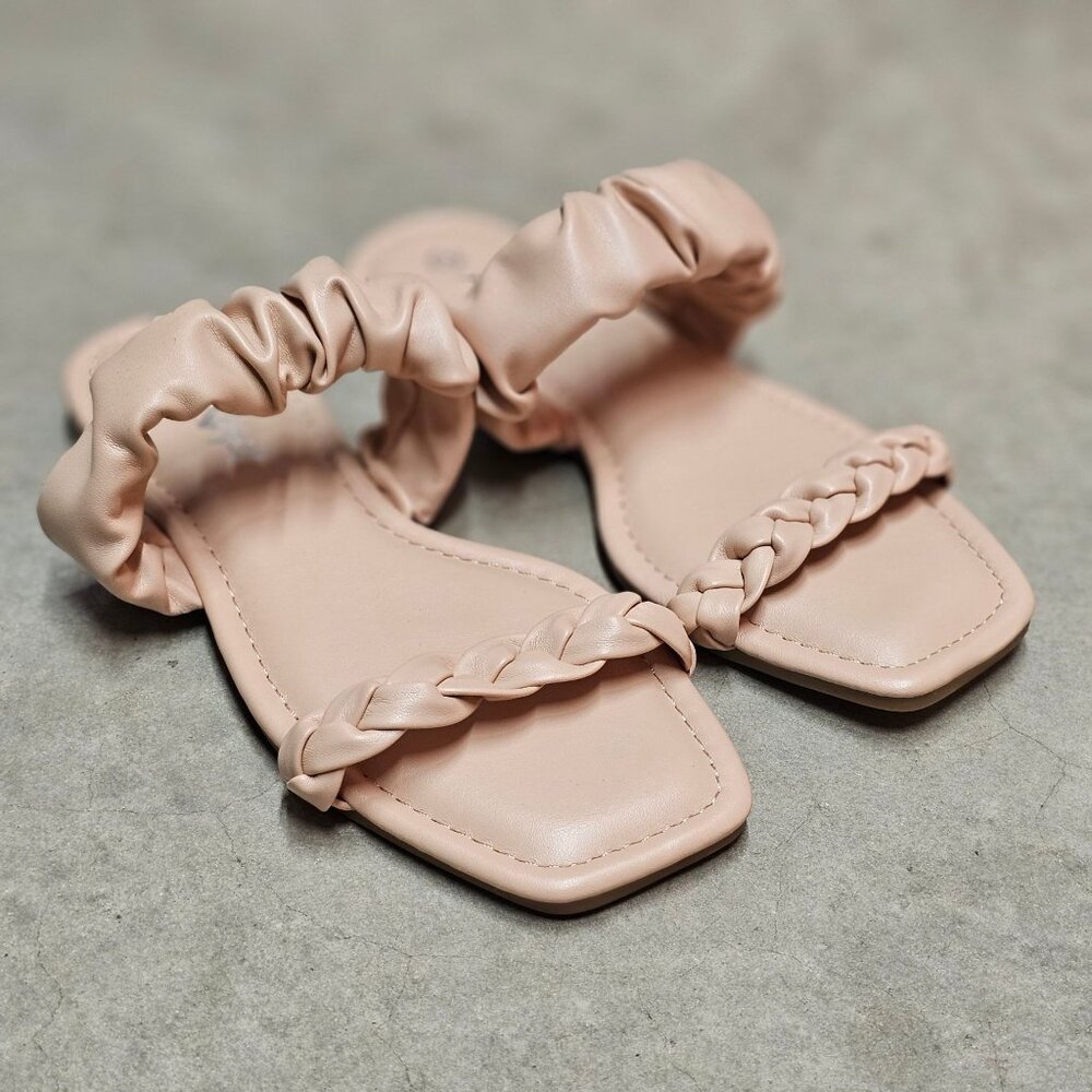 Nude Braided Strap Flat Sandals With Padded Scrunch Detail & Square Toe Design - Picture 4 of 8